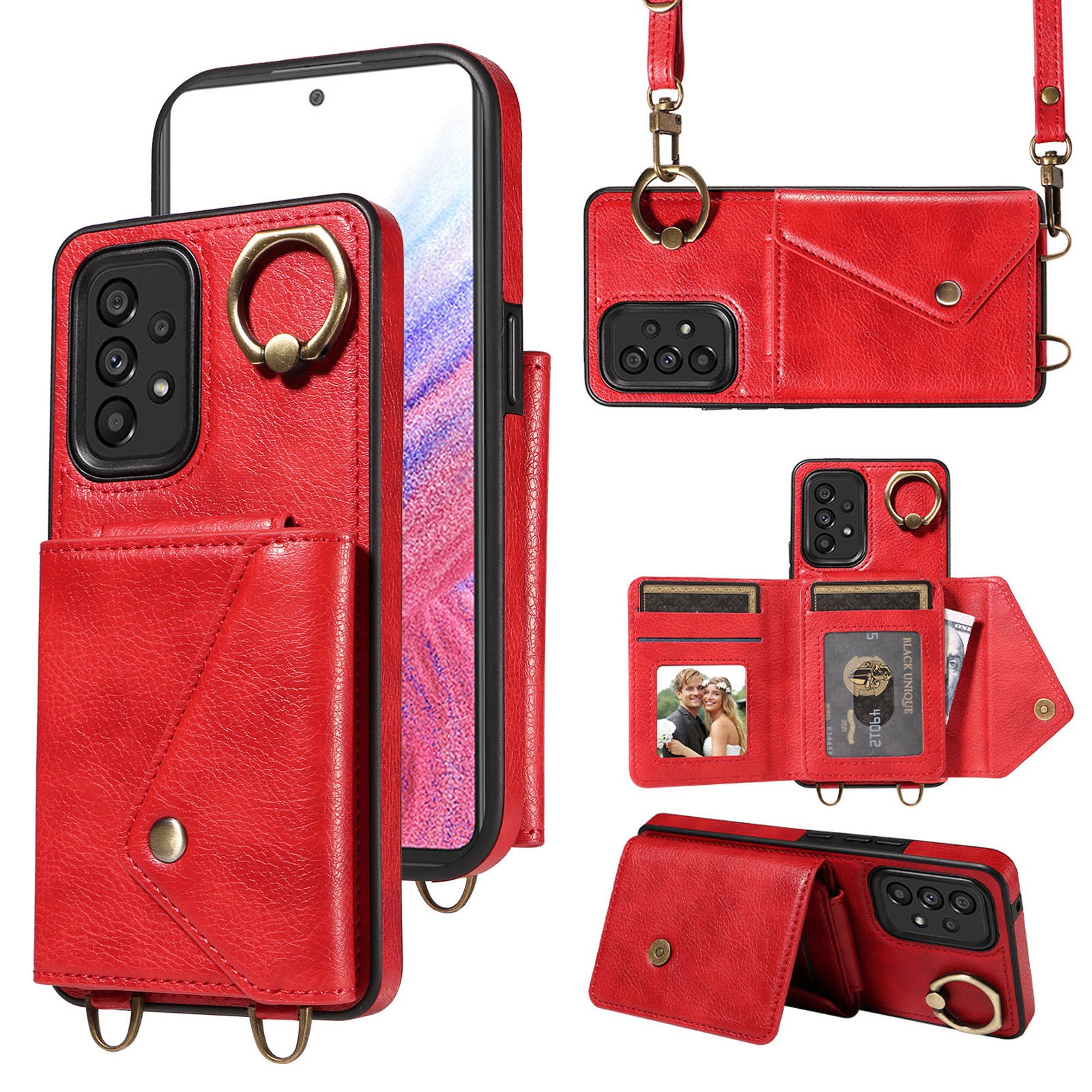 002 For Samsung Galaxy A53 5G Card Bag Cover Ring Kickstand Litchi Texture Leather TPU Phone Case with Shoulder Strap 002 For Samsung Galaxy A53 5G Card Bag Cover Ring Kickstand Litchi Texture Leather TPU Phone Case with Shoulder Strap